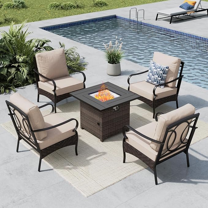 MFSTUDIO 5 Pieces Outdoor Patio Furniture Set, Metal Outdoor Conversation Sofa, Rattan Wicker Patio Sectional Sofa Set with 4 x Fixed Single Sofa, 1 x Fire Pit Table, Beige