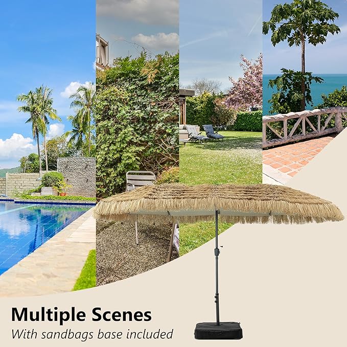 15 ft Patio Tiki Umbrella, Large Rectangle Outdoor Straw Umbrella with Matching Base for Market, Beach, Garden, Yard
