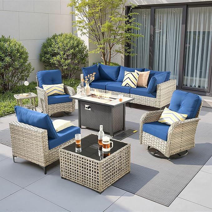 9 Pieces Outdoor Sectional Patio Furniture Set with 42" Fire Pit,Conversation Sets Rattan Wicker L Shaped Couch Swivel Rocking Chairs,Modular Outdoor Sofa for Porch Balcony Backyard Navy Blue
