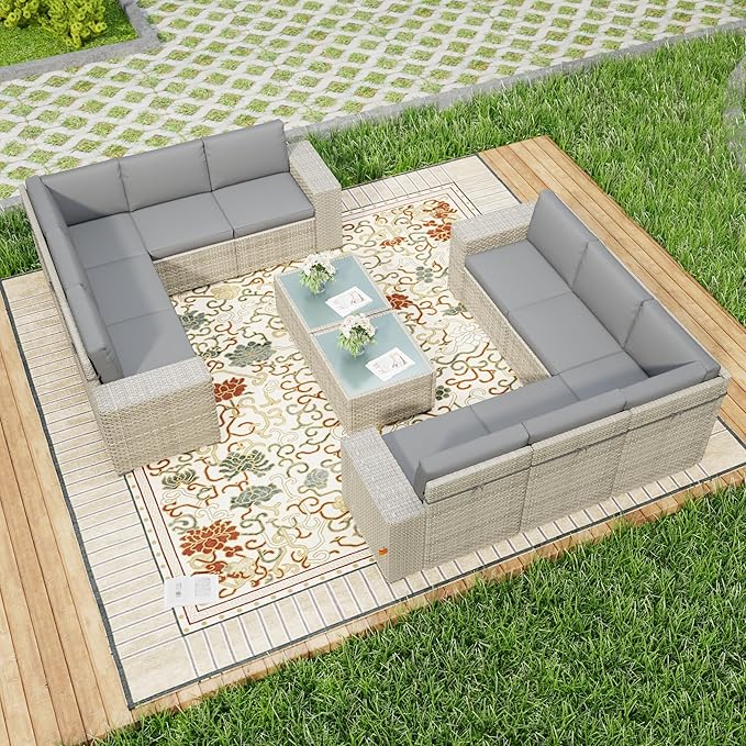 12 Piece Patio Furniture Set, 8" Wide Arm Sectional Sofa Set with Coffee Table, High-Back All-Weather Rattan Outdoor Conversation Set for Garden, Porch, Lawn, Gray