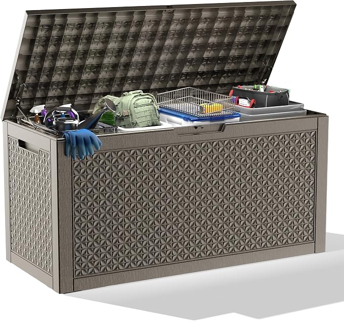 Outdoor Waterproof Resin Storage Deck Box Lockable Outside Bench UV Resistant Bin Patio Porch Furniture Pool Float Garden Tool Cushion (Grey, 110 Gallon)