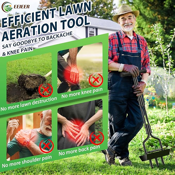 EEIEER Manual Lawn Aerator Tool with Soil Storage Basket - 2025 Upgraded Aerator Lawn Tool, 3 Tines Yard Aerators with Cleaning Tool, 38’’ Ergonomic Aeration Tools for Compacted Soil & Lawn Care