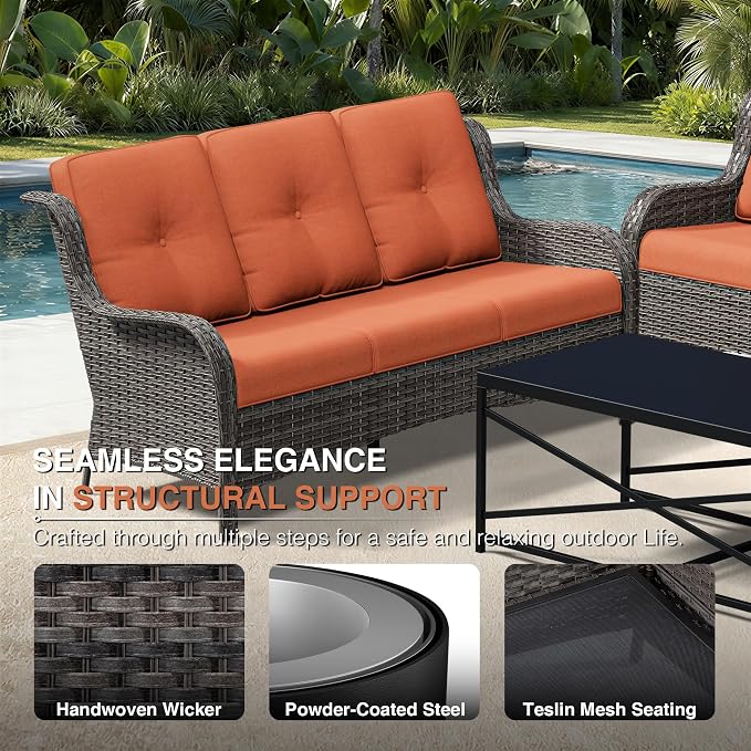 Joyside 9 Piece Wicker Patio Furniture Set, Outdoor Swivel Rocker Patio Chairs with High Back, Deep Seating, Wide Armrest, Thickened Cushions, Outdoor Furniture for Deck, Porch Use
