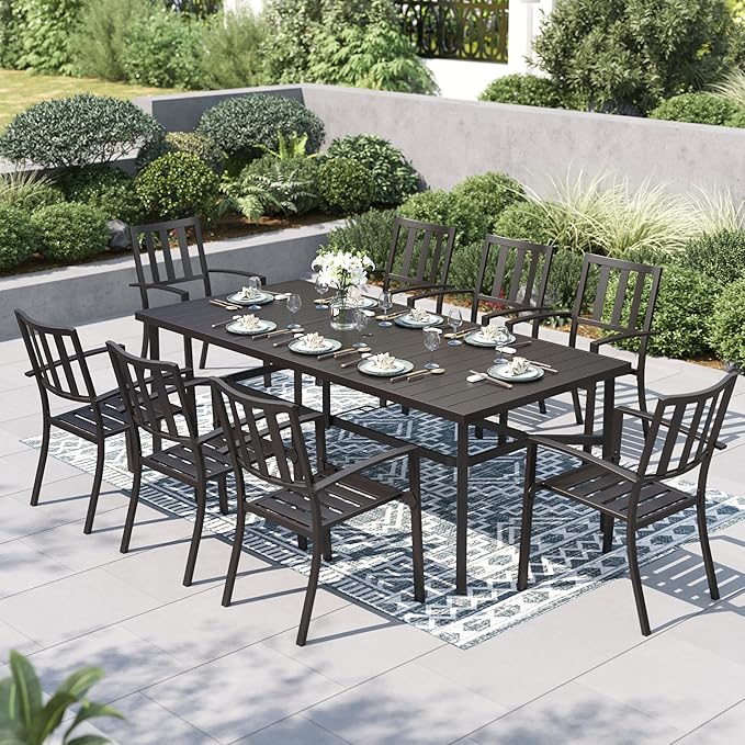 PHI VILLA 9 Pieces Outdoor Dining Set for 8, 83“ Rectangular Metal Table with Umbrella Hole & Stackable Black Wrought Iron Chairs, Large Outside Furniture for Patio, Deck, Yard, Porch