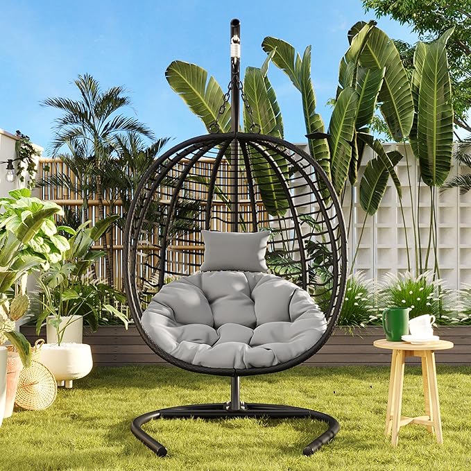 Folding Egg Chair, Outdoor Hanging Hammock Chair with Stand, Patio Wicker Hanging Chair with Iron Frame and Plush Cushion & Removable Headrest for Bedroom, Balcony, Garden (C-BlackGrey)
