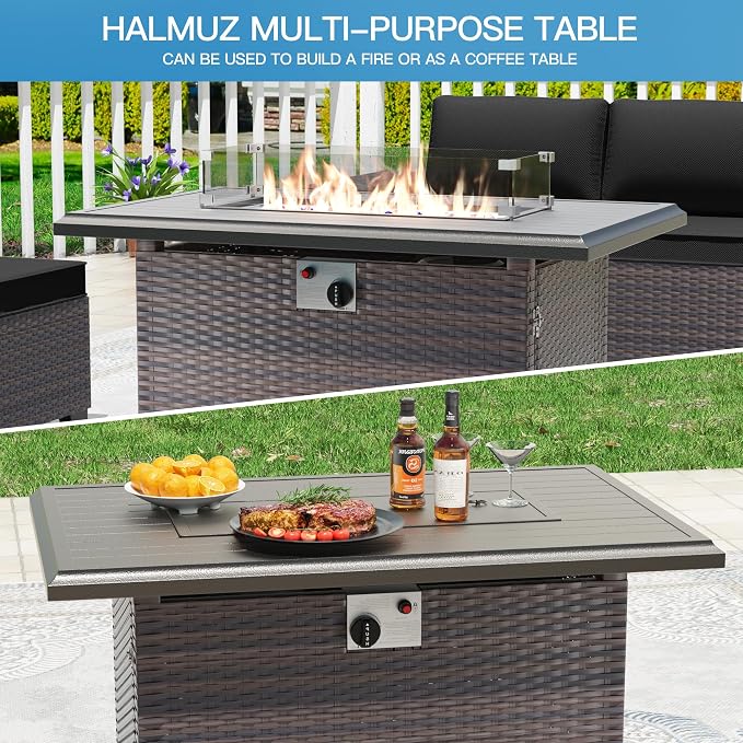 7 Pieces Outdoor Patio Furniture Set with 43"/55000BTU Gas Fire Pit Table,PE Rattan Wicker Outdoor Conversation Sofa Set Non-Slip Cushions Waterproof Covers for Backyard,Poolside,Garden,Black