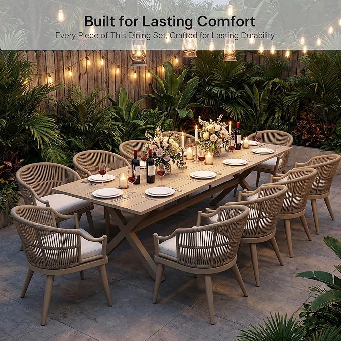 PURPLE LEAF 9 Pieces Outdoor Dining Set All Weather Wicker Patio Dining Set with Rectangular Aluminum Table and Modern Armrest Dining Chairs for Garden Deck Backyard Kitchen, Champagne