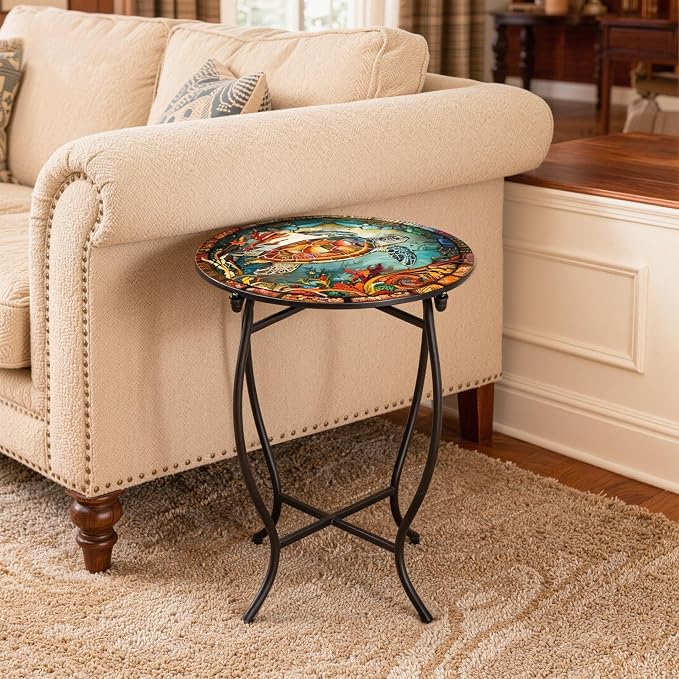 Metal Round Side Table, 14" Diameter Indoor Outdoor Side Table, Weather Resistant Patio Table for Porch Yard Balcony, Easy Assembly