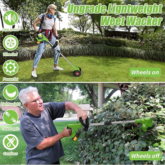 Cordless Garden Strimmers with Metal Blades, Electric Cordless 21v Grass Strimmer with 2 X 2000mAh Battery, Garden Trimmer Telescopic Lightweight with Roller, 850W, for Gardens Lawns Weeds Trimmer
