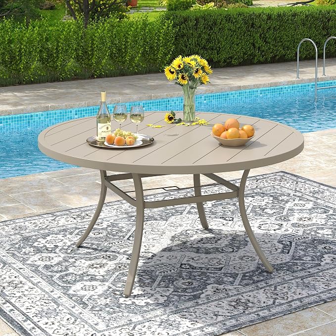 VICLLAX 50" Outdoor Round Patio Dining Table for 4-6, All Weather Metal Dining Table with Umbrella Hole for Deck Lawn Garden Backyard, Sandshell