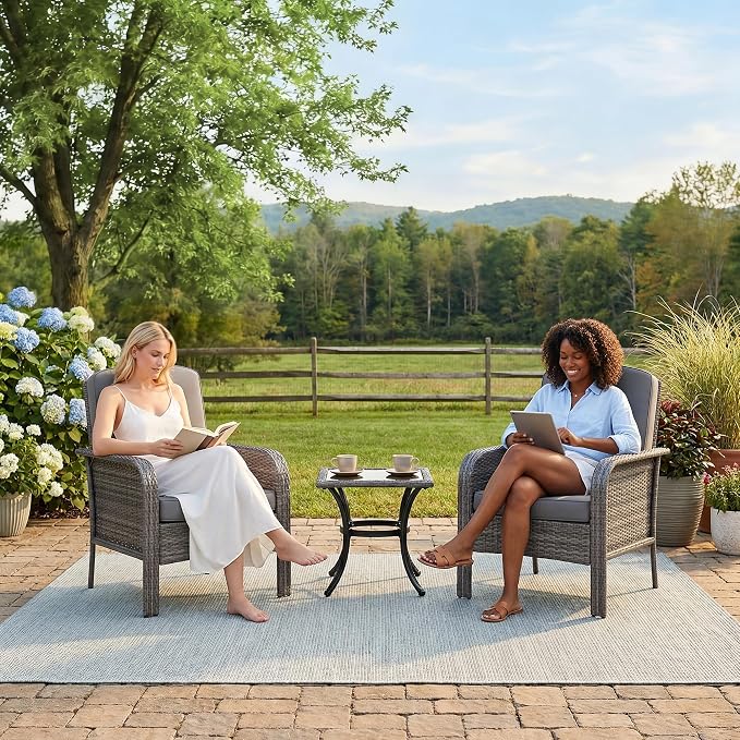 IDEALHOUSE 2-Piece Outdoor Patio Set, All-Weather Wicker Chairs with High Back & Cushions for Deck, Porch, Garden,Gray Rattan+Gray Cushion