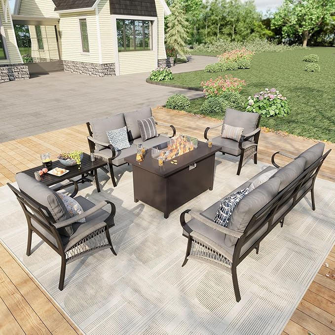 6 Pieces Patio Conversation Sets, All Weather Metal Outdoor Furniture Set 3-Seater 2 Single Chairs 1 Loveseat with Coffee Table and Fire Pit Table for Backyard Garden Deck Porch Poolside, Gray