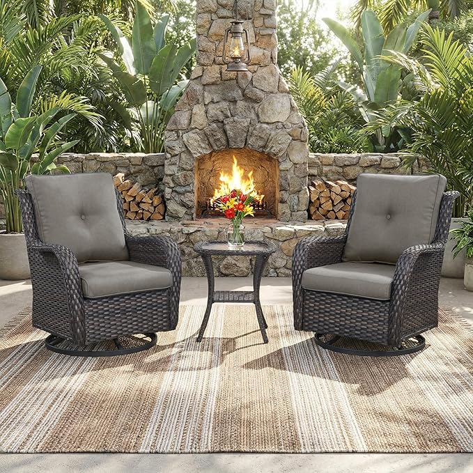 Outdoor Swivel Rocker Patio Chairs with Side Table 3 Pieces PE Wicker Patio Furniture Set for Porch Deck Balcony Garden-Brown/Grey