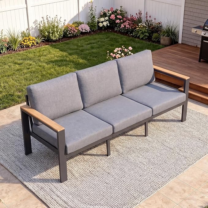 3-Seat Aluminum Outdoor Sofa, 1-Piece Powder-Coated Patio Sectional Sofa with 1.5mm Thick Frame, Anti-Hot Armrest & Waterproof Removable Cushions, Large Outdoor Couch for Backyard Courtyard Grey