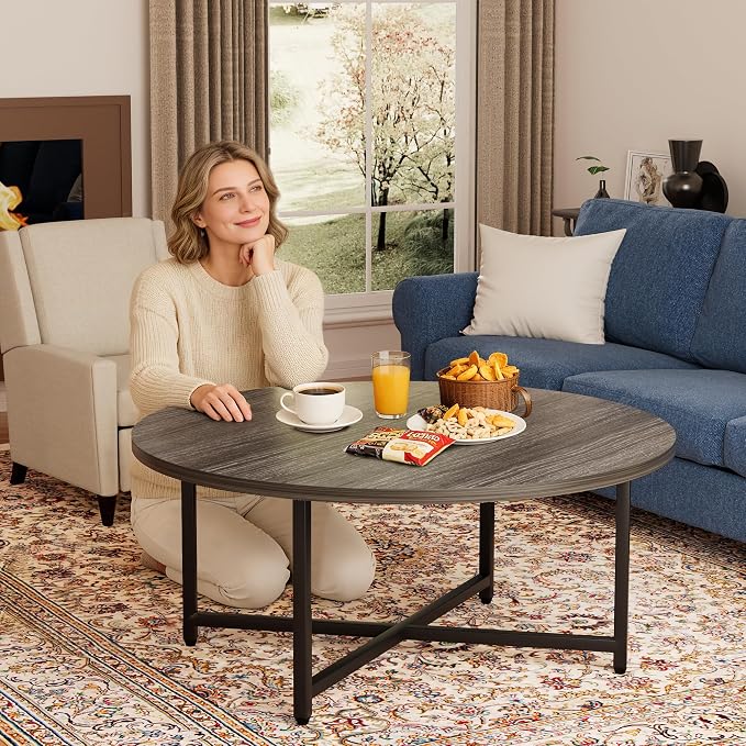 FAMIDGE Coffee Table, 31.5" Large Round Coffee Table for Living Room, Center Tables for Family & Office Use, Outdoor Coffee Table Round, Gray(31.5" D x 17.7" H)