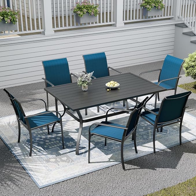 Patio Dining Set,Including 60"x 38" Steel Slat Dining Table and 6 Stackable Patio Chairs,Outdoor Furniture Set with 1.6" Umbrella Hole for All Weather