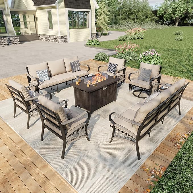 8 Pieces Patio Furniture Set, Metal Outdoor Conversation Sets with Fire Pit Table and Swivel Chairs for Backyard Garden Deck Porch Poolside (Thick Beige Cushions)