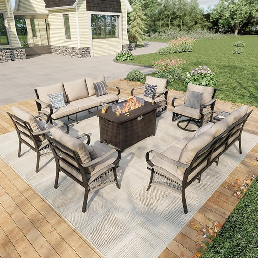 8 Pieces Patio Furniture Set, Metal Outdoor Conversation Sets with Fire Pit Table and Swivel Chairs for Backyard Garden Deck Porch Poolside (Thick Beige Cushions)