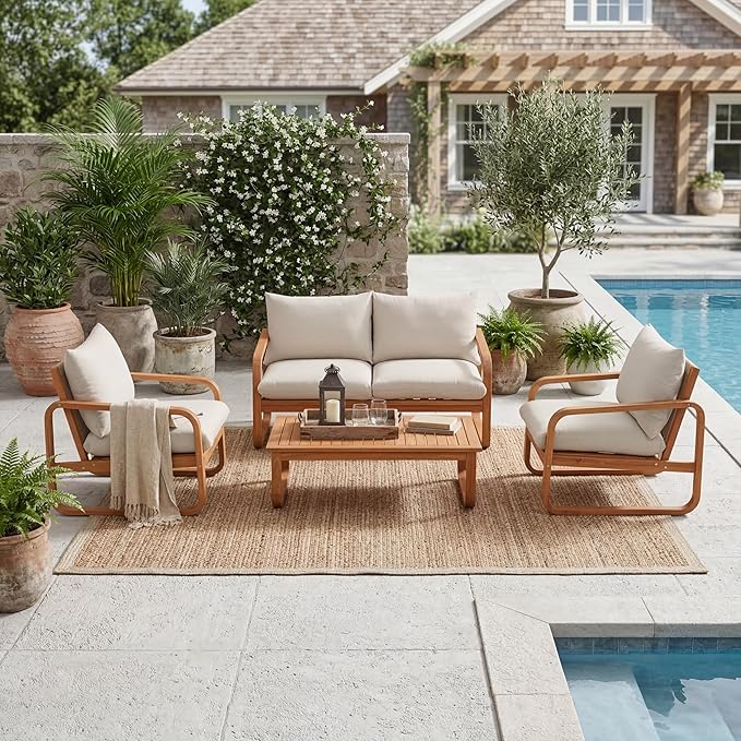 4-Piece Acacia Wood Outdoor Patio Furniture Set, All Weather Conversation Set with Loveseat, 2 Chairs, Coffee Table, Woven Rope Accents and Cushions for Backyard Pool