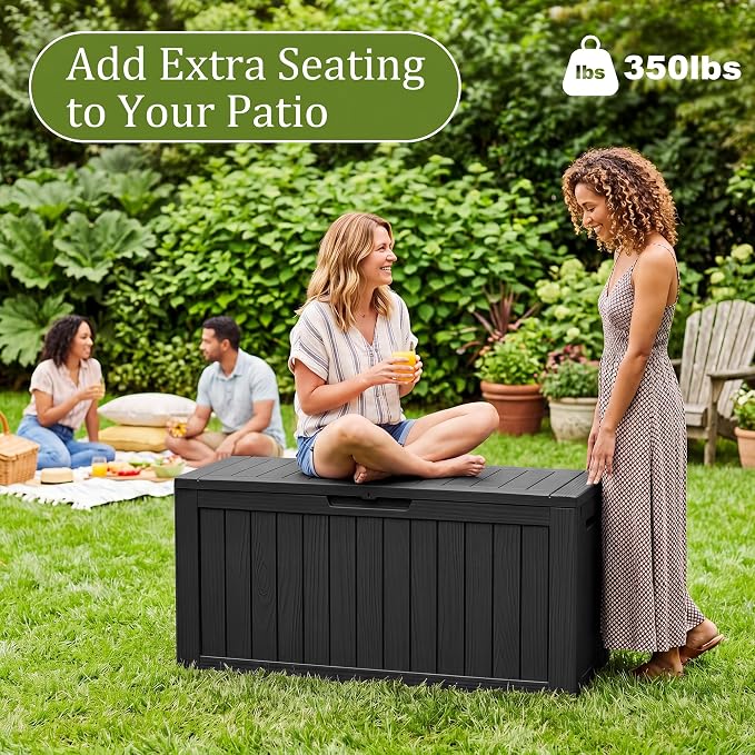 90 Gallon Deck Box Outdoor Storage Box Waterproof & Resin For Patio Furniture,Outdoor Cushions,Garden Tools and Pool Supplies Black