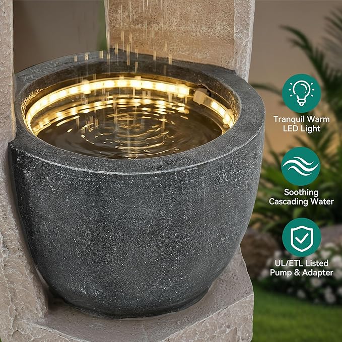 32" Outdoor Fountain, Modern Geometric Two Bowls Water Feature with LED Lights, Resin Soothing Cascading Waterfall for Patio, Backyard, Garden or Porch