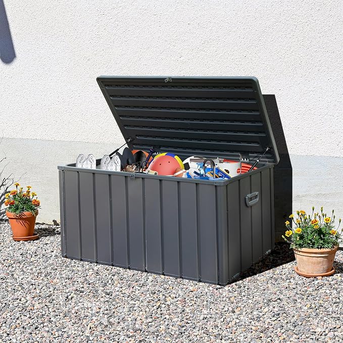 120 Gallon Outdoor Storage Deck Box Waterproof, Large Patio Storage Bin for Outside Cushions, Throw Pillows, Garden Tools, Lockable (Dark Gray)
