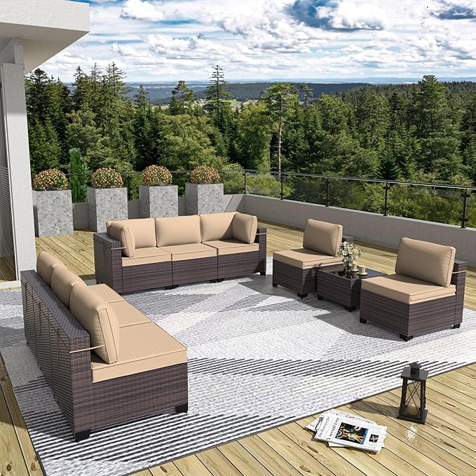 Patio Furniture Set 9 Pieces Outdoor Sectional Sofa Set,All Weather Wicker Patio Sofa PE Rattan Patio Conversation Set w/Cushions and Glass Coffee Table,Sand