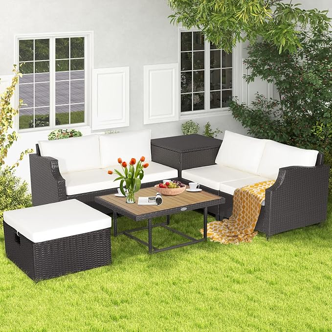 COSTWAY 7pcs Patio Outdoor PE Wicker Cushioned Furniture Conversation Set Sectional Sofa