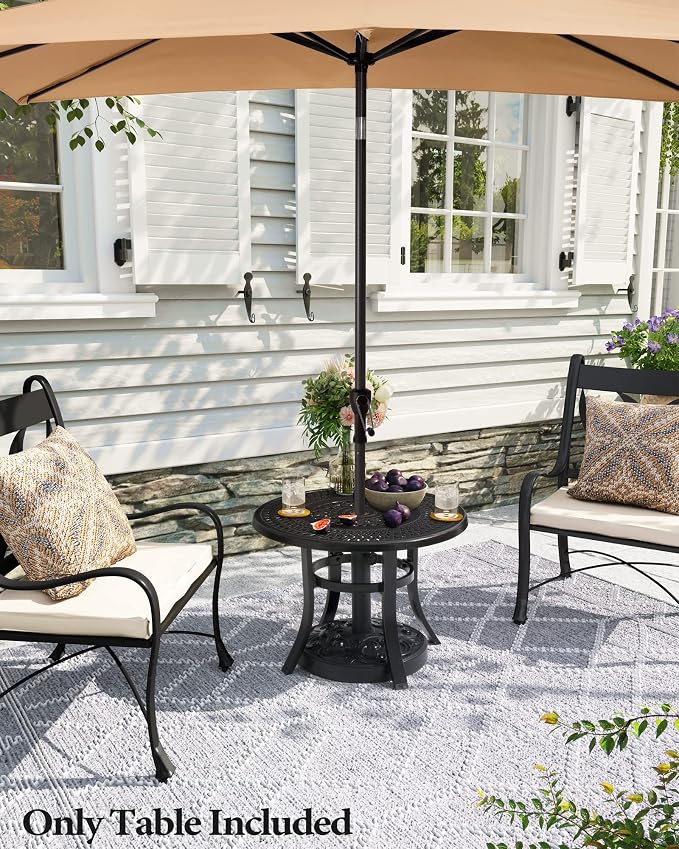 Crestlive Products Cast Aluminum Patio Side Table - Outdoor 24'' Small Round Table with Umbrella Hole Anti-Rust Design for Backyard Porch Pool Balcony, Black with Bronze Spot