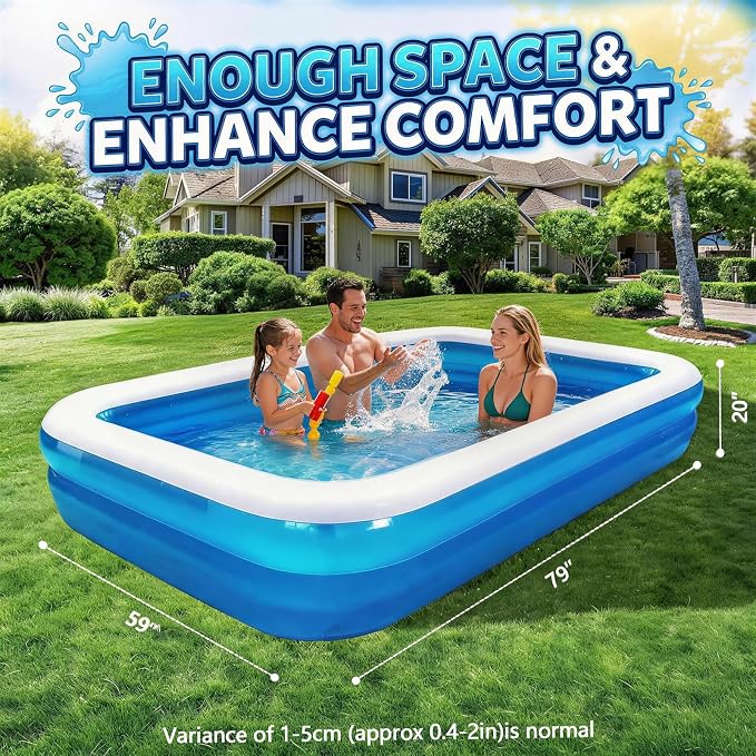Full-Sized Inflatable Swimming Pool, Extra Large Blow Up Pool, Heavy Duty Above Ground Pool with Drain Valve, Leakproof Family Swim Pool for Backyard Patio Garden Outdoor Party(79''x59''x20'')