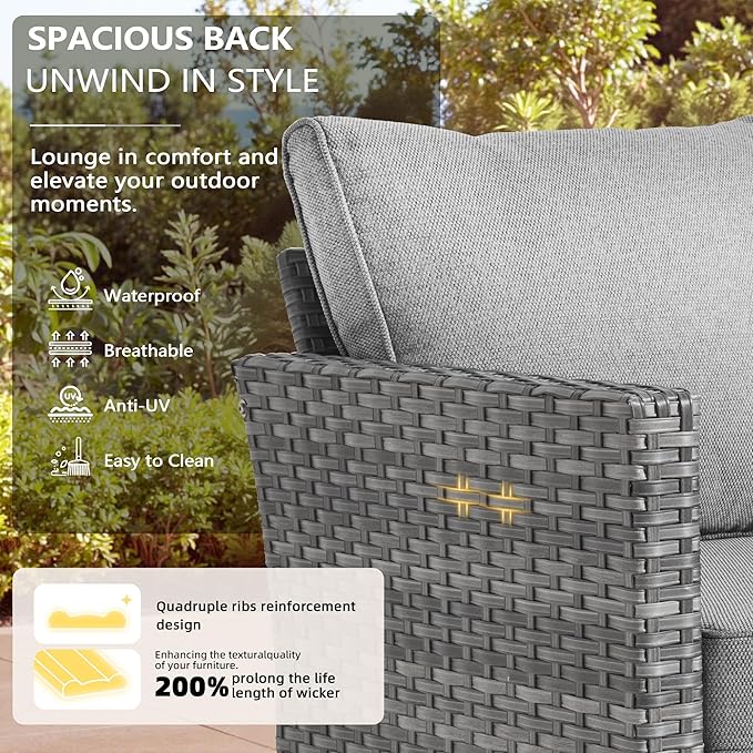 Patio Furniture, All Weather Wicker 6 PCS Outdoor Sofa with High Back Swivel Rocker Chairs, Conversation Set with Solar Light Coffee Table,Light Rattan Dark Gray Cushion