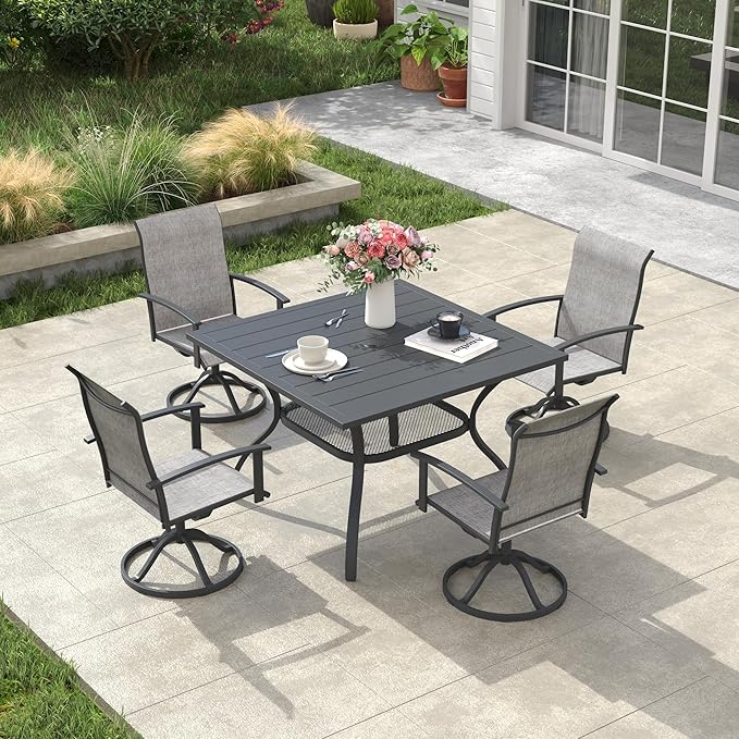 VICLLAX Square Outdoor Table and Chairs Set, 5 Pieces Patio Dining Set of 37.8" Metal Square Patio Table with Umbrella Hole & 4 Swivel Outdoor Dining Chairs for Backyard Lawn, Grey & Dark Grey