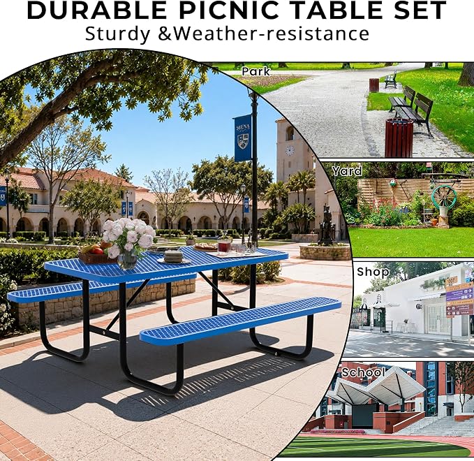 6FT Rectangular Steel Outdoor Picnic Table, Commercial Picnic Table Bench Set with Umbrella Hole, Weather-Resistant Heavy Duty School Dining Table for Stores, Park, Patio, Garden, Backyard, Blue