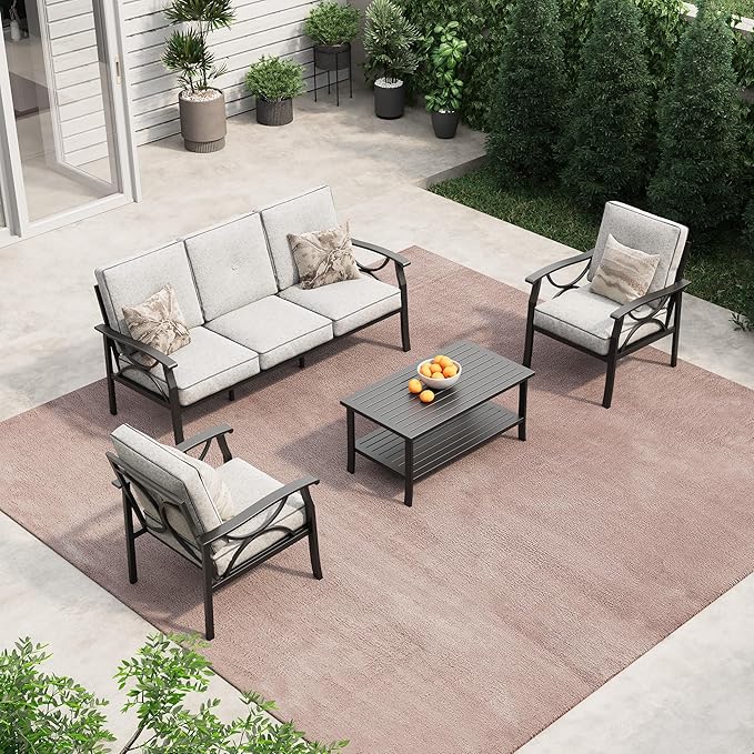 RoyalCraft Outdoor Patio Furniture Set, 4 Piece Patio Conversation Set with Coffee Table, Metal Furniture Set for Porch Backyard Garden, Black