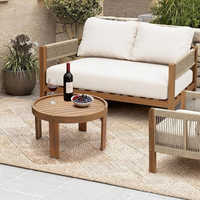 LuxenHome 27.5" Dia Outdoor Round Coffee Table, Acacia Wood Patio Table with Raised Edge, Small Wooden Garden Coffee Table for Balcony, Patio, Porch