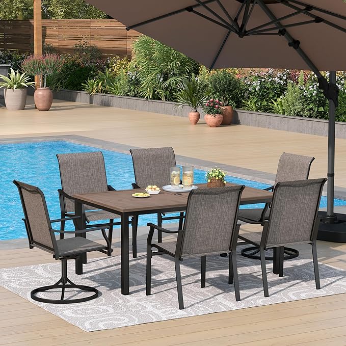 PHI VILLA 7 PCS Outdoor Dining Set,2 Swivel & 4 Stable Dining Chairs,Patio Table with Wooden Like Table Top,Sling Fabric and Durable Frame,Outdoor Dining Table and Chairs for Garden