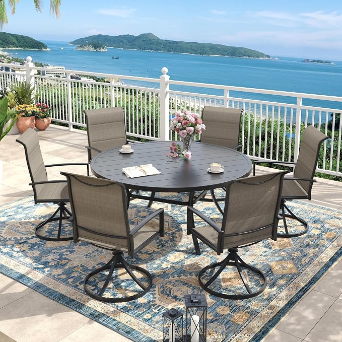 Outdoor Dining Set for 6, 50" Outdoor Dining Table with Umbrella Hole and Padded Textilene Patio Swivel Chairs, 7 Pieces Patio Table and Chairs Set for Garden Backyard, Mixed Brown and Black