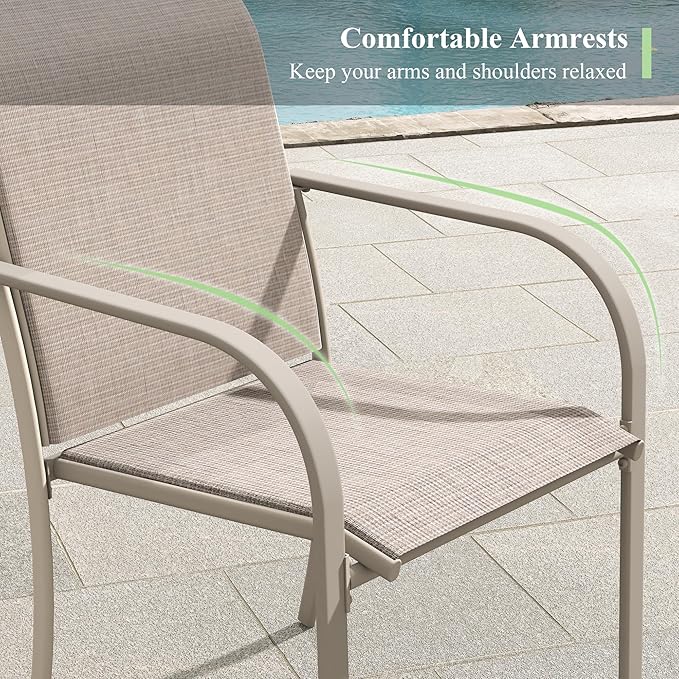 11 Pieces Outdoor Dining Set, Stackable Textilene Paito Chairs & 63.1" Round Dining Table with Umbrella Hole, Patio Dining Set for Backyard, Deck, Garden, Sandshell