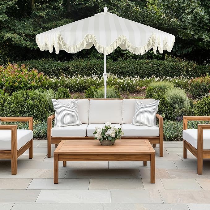 Eyely BMU1001 Halden 9 ft. Classic Cottage Tassel Market Patio Umbrella with Auto-Tilt, Crank
