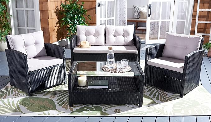 SAFAVIEH Outdoor Collection Vellor Black/Light Grey Cushion 4-Piece Conversation Patio Set