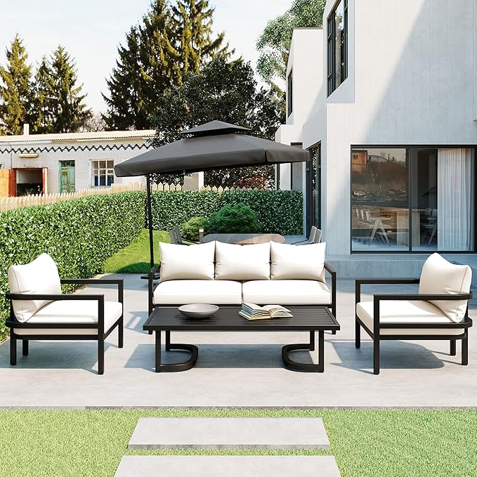 4-Piece Outdoor Steel Sofa Set, All Weather Patio Conversation Set with 1 Love Sofa, 2 Single Sofas, Coffee Table, Waterproof Cushions, Suitable for Backyard, Poolside Gardens (Beige-Z)