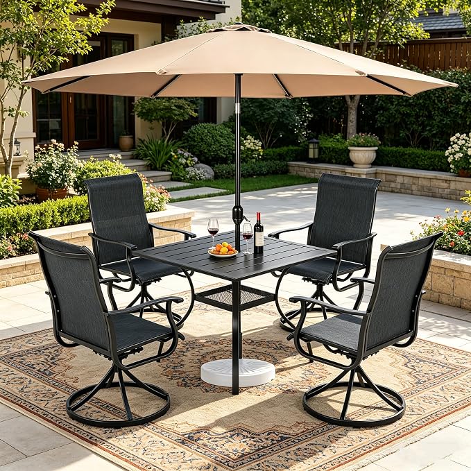 SUNCROWN 6-Piece Outdoor Dining Set, All Weather Patio Furniture Sets with 4 Black Swivel Textilene Mesh Chairs & Square Metal Table & 1 Brown 9Ft Umbrella for Deck Garden Backyard Poolside