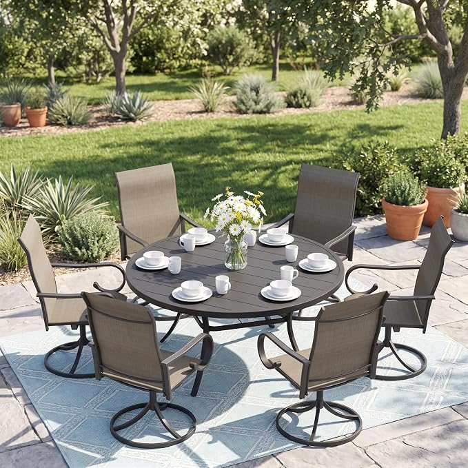 7 Pieces Patio Dining Set, 6 Outdoor Swivel Dining Chairs with 50" Round Metal Outdoor Dining Table with Umbrella Hole for Garden Backyard Deck, Mixed Brown & Black