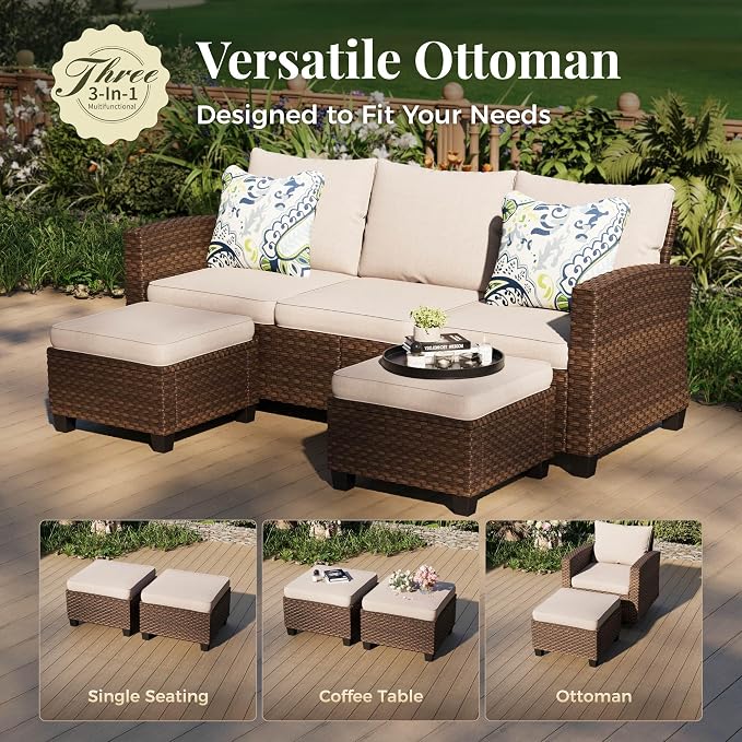 MIXPATIO Patio Furniture Set, 7 Pcs Wicker Outdoor Conversation Set, 2 x Leg Chairs, 1 x 3 Seater Sofa, 1 x 2-Seat Lover Sofa and 2 x Ottomans with 4" Thick Cushion and 56" Fire Pit Table, Beige