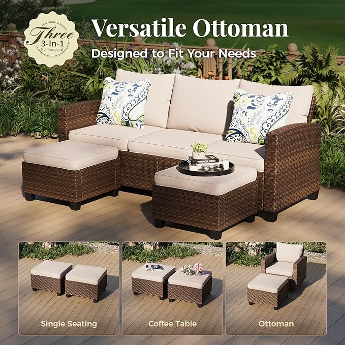 Patio Furniture Set, 7 Pcs Wicker Rattan Rattan Outdoor Conversation Set, 4 x Single Chairs, 1 x 3 Seater Sofa and 2 x Ottoman with 4" Thick Cushion for Garden Backyard Deck, Beige