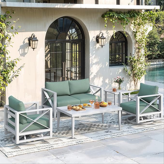 Aluminum 4-Seats Outdoor Patio Furniture Set with Swivel Rocking Chairs, Sectional Conversation Sofa with 5.2" Thick Cushions & Plus Table, Rust-Resistant Frame for Porch, Garden, Backyard, White