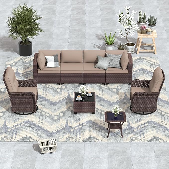 ALAULM 8 Pieces Patio Furniture Set with 2 Swivel Chairs Wicker Patio Conversation Set, Outdoor Sectional Furniture w/Coffee Table & Washable Seat Cushions-Sand