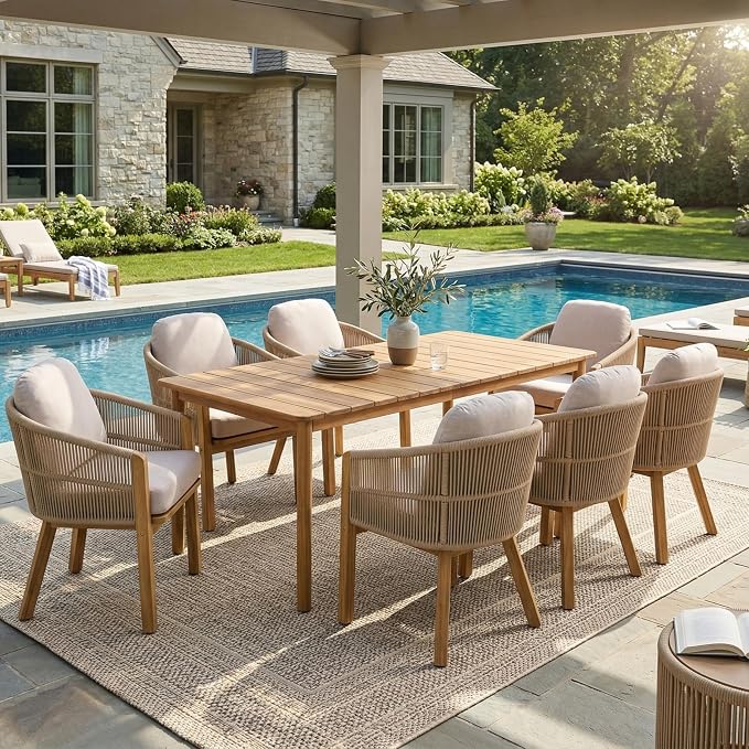 Christopher Knight Home Grotta 9 Piece Outdoor Dining Set, Acacia Wood Patio Dining Table Set with 8 Rope Weave Chairs Beige Cushions Rectangular Outdoor Furniture Set for Garden Patio Backyard