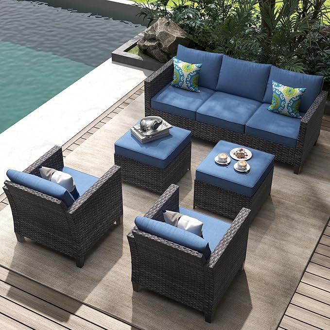 HOOOWOOO Patio Conversation Sets,5 Piece Wicker Outdoor Furniture Set with Ottoman,All Weather Resistant Modern Outside Out Door Rattan Couch Chairs Set,Denim Blue