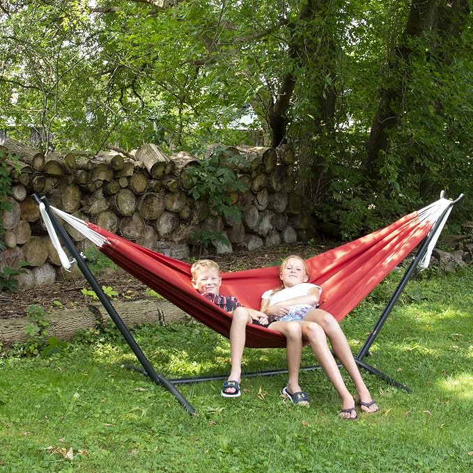 Vivere Double Sunbrella Hammock with Space-Saving Steel Stand, Heavy-Duty Portable Outdoor Hammock Set for Backyard, Patio, or Travel, Crimson